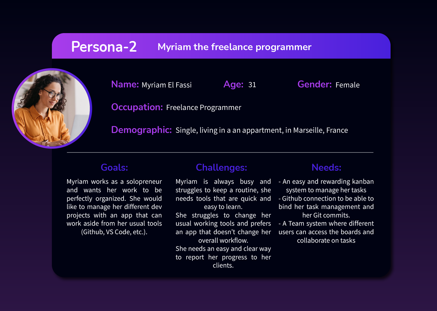 A user persona profile project management created by Laura Bacher webdesigner SaaS project manager, for the app zorro.management: Myriam the freelance programmer